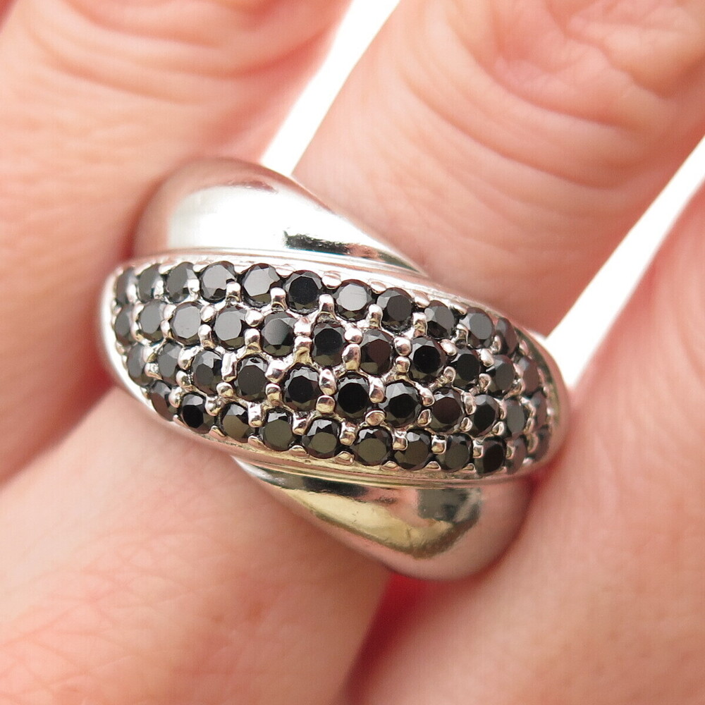 925 Sterling Silver Real Round-Cut Black Spinel Crisscross Ring Size 8.75